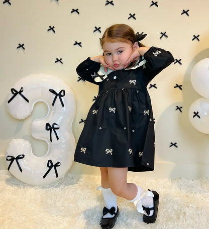 Siyah Fiyonk İşlemeli Elbise ( 3 Lü Çorap + 3 Lü Bandana ) Set bedobee