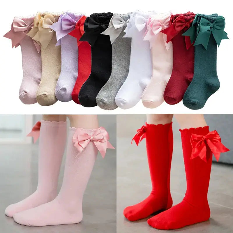 12 Colors Girls Socks Double Bows Cotton Baby Socks Children Soft Baby Long Tube Socks Kids Princess Knee High Socken For 0-7Y bedobee