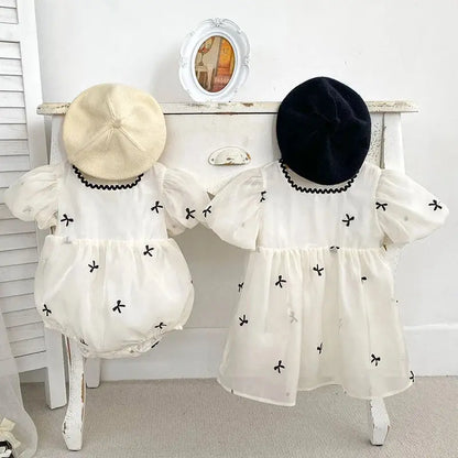 Fiyonklu Balon Kol Elbise & Romper (Kız Kardeş Uyumlu) bedobee