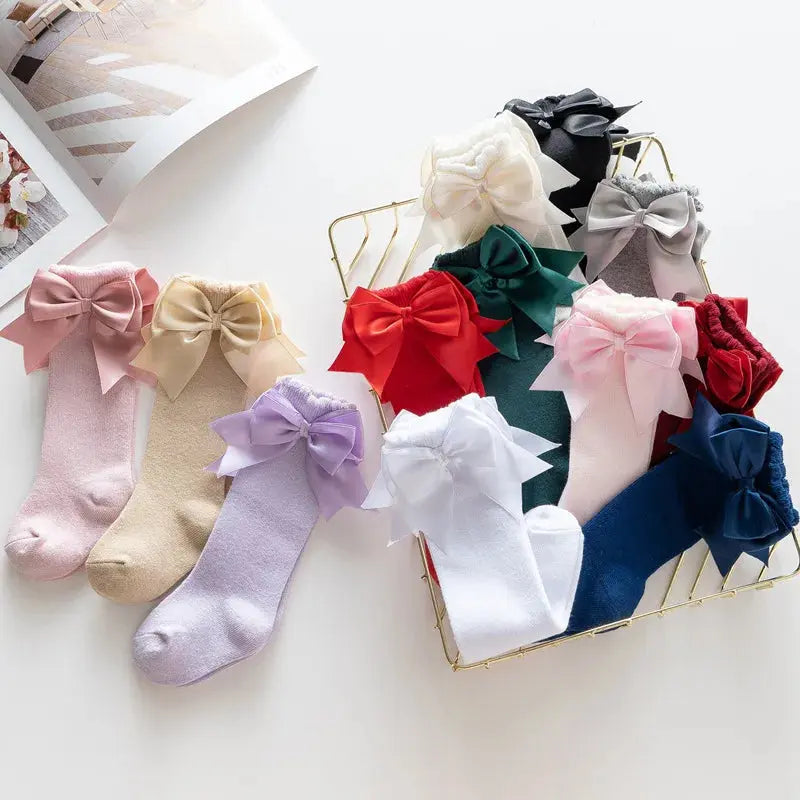 12 Colors Girls Socks Double Bows Cotton Baby Socks Children Soft Baby Long Tube Socks Kids Princess Knee High Socken For 0-7Y bedobee