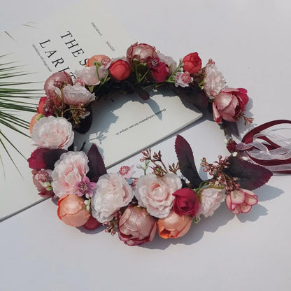 Peony Rose Flower Crown Wreath Handmade Hairbands Wedding Hair Accessories For Women Bridal Bridesmaids Girls Flower Headbands bedobee