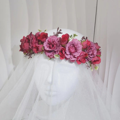 Peony Rose Flower Crown Wreath Handmade Hairbands Wedding Hair Accessories For Women Bridal Bridesmaids Girls Flower Headbands bedobee